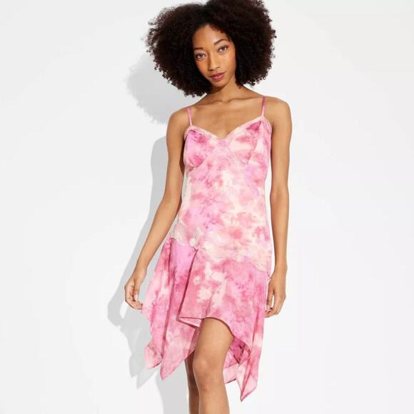 Wild Fable Women's Asymmetrical Midi Slip Dress Pink Tie Dye Lace Size Medium - Picture 1 of 7